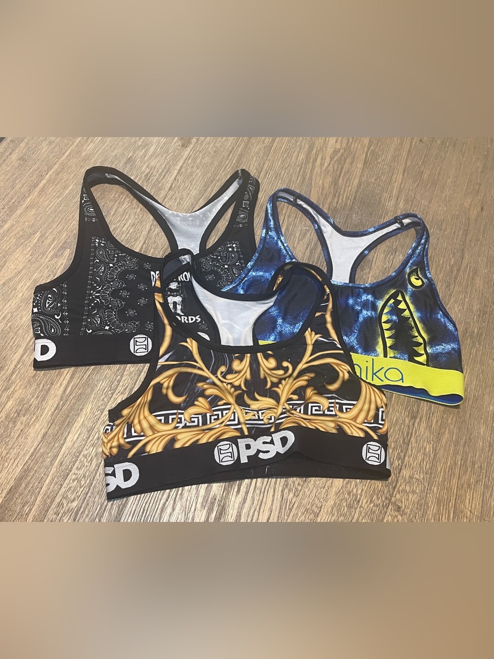 3-Pair Bundle of PSD Variety Sports Bra with Gold Baroque Print - Racerback, Med